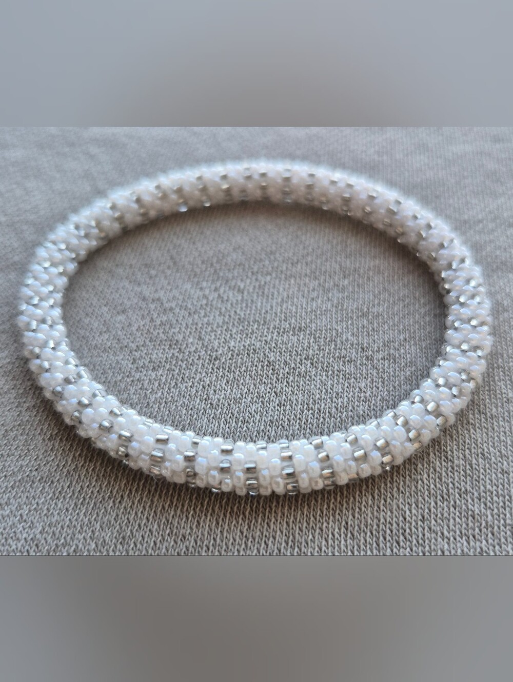 Handmade White Beaded Bracelet with Silver Accent Beads